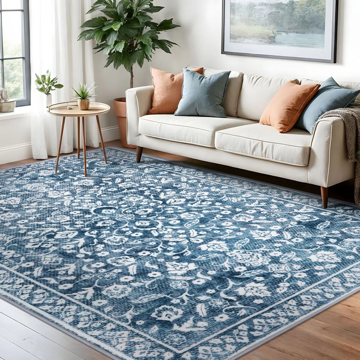 Blue Machine Washable Rugs for Bedroom Non-Slip Low Pile Throw Rugs with Rubber Backing Washable Carpet