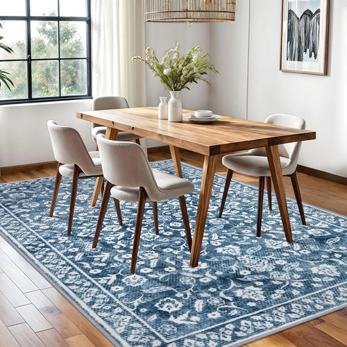 Blue Machine Washable Rugs for Bedroom Non-Slip Low Pile Throw Rugs with Rubber Backing Washable Carpet