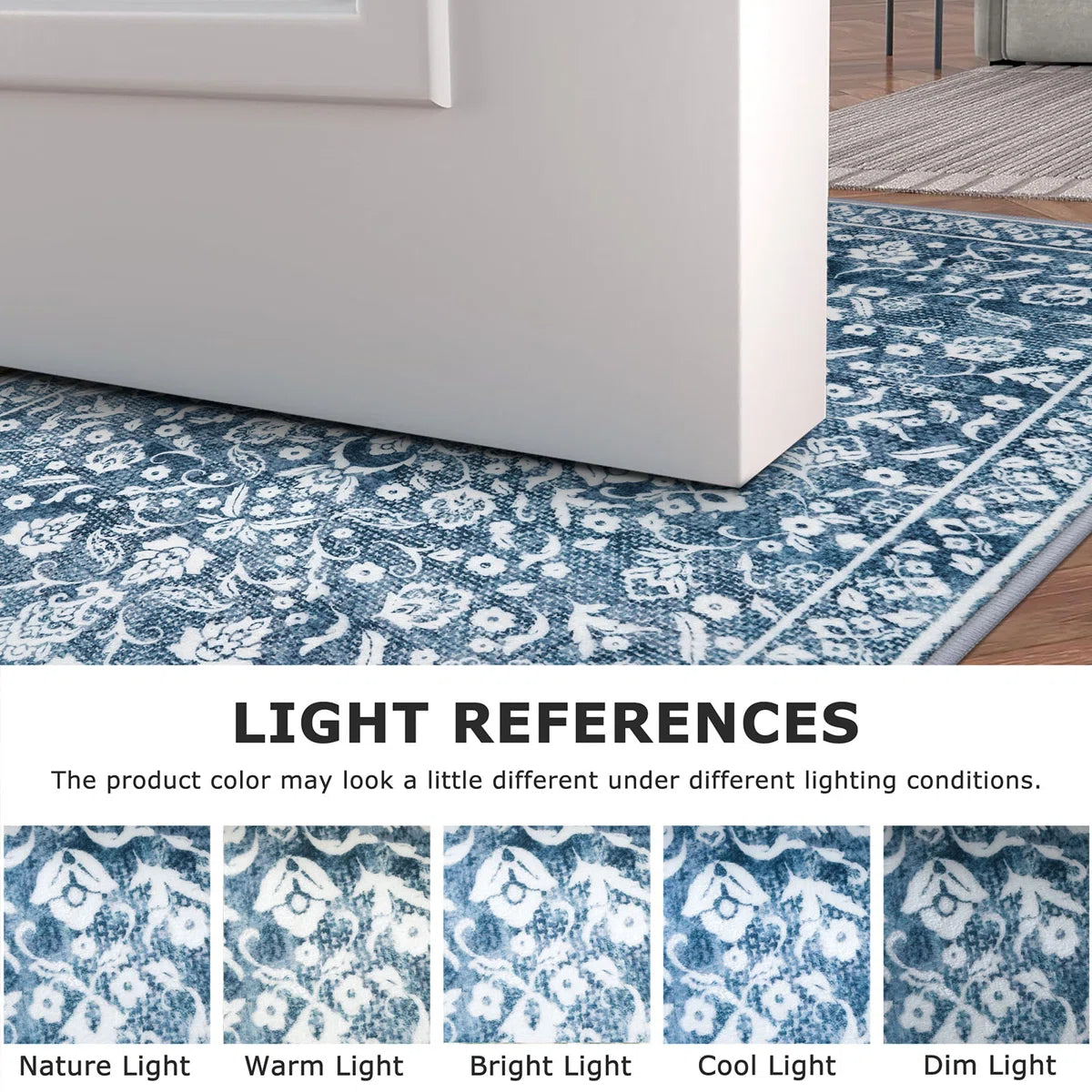 Blue Machine Washable Rugs for Bedroom Non-Slip Low Pile Throw Rugs with Rubber Backing Washable Carpet
