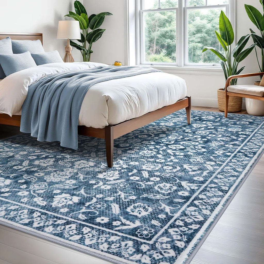 Blue Machine Washable Rugs for Bedroom Non-Slip Low Pile Throw Rugs with Rubber Backing Washable Carpet