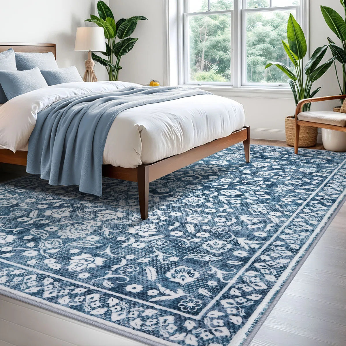 Blue Machine Washable Rugs for Bedroom Non-Slip Low Pile Throw Rugs with Rubber Backing Washable Carpet