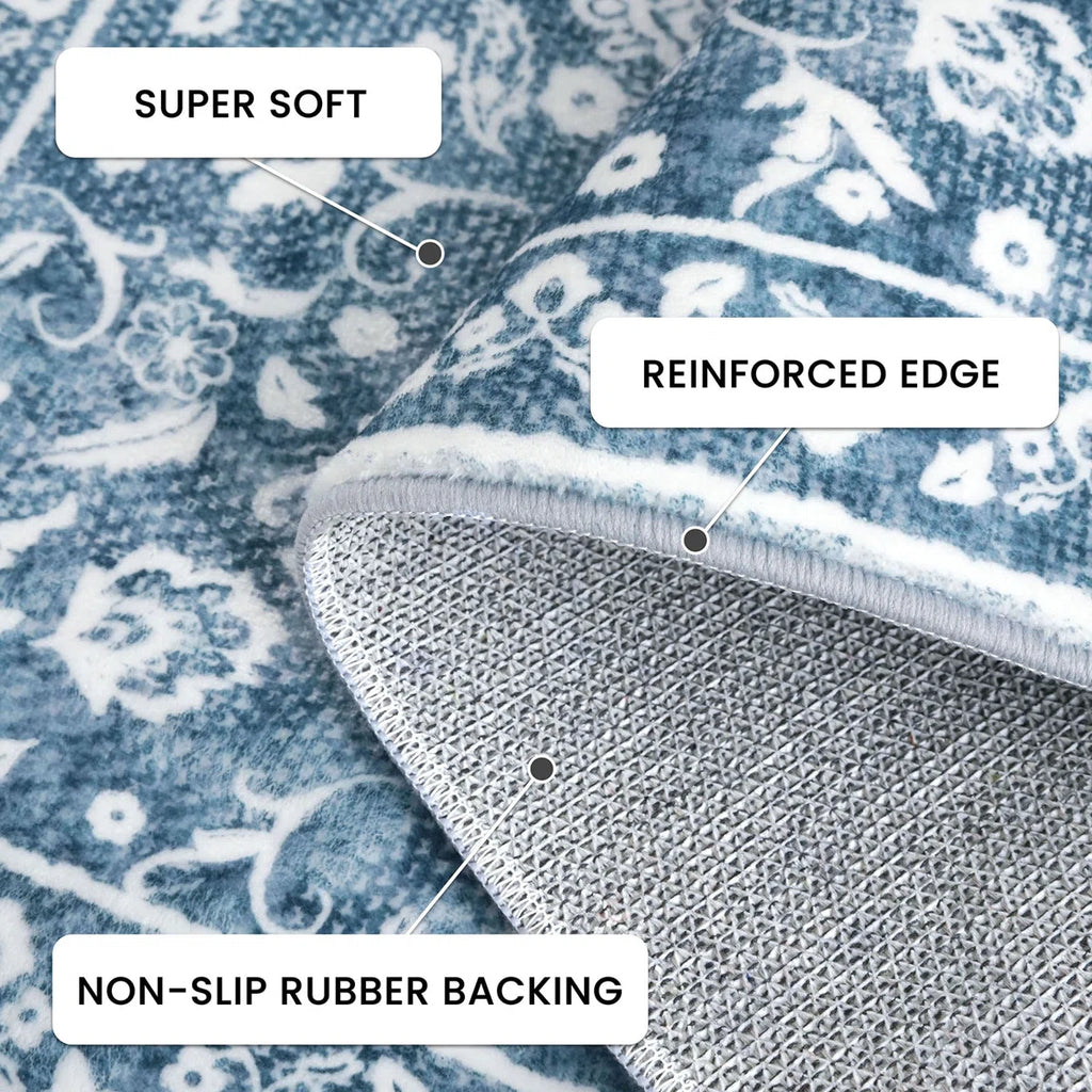 Blue Machine Washable Rugs for Bedroom Non-Slip Low Pile Throw Rugs with Rubber Backing Washable Carpet