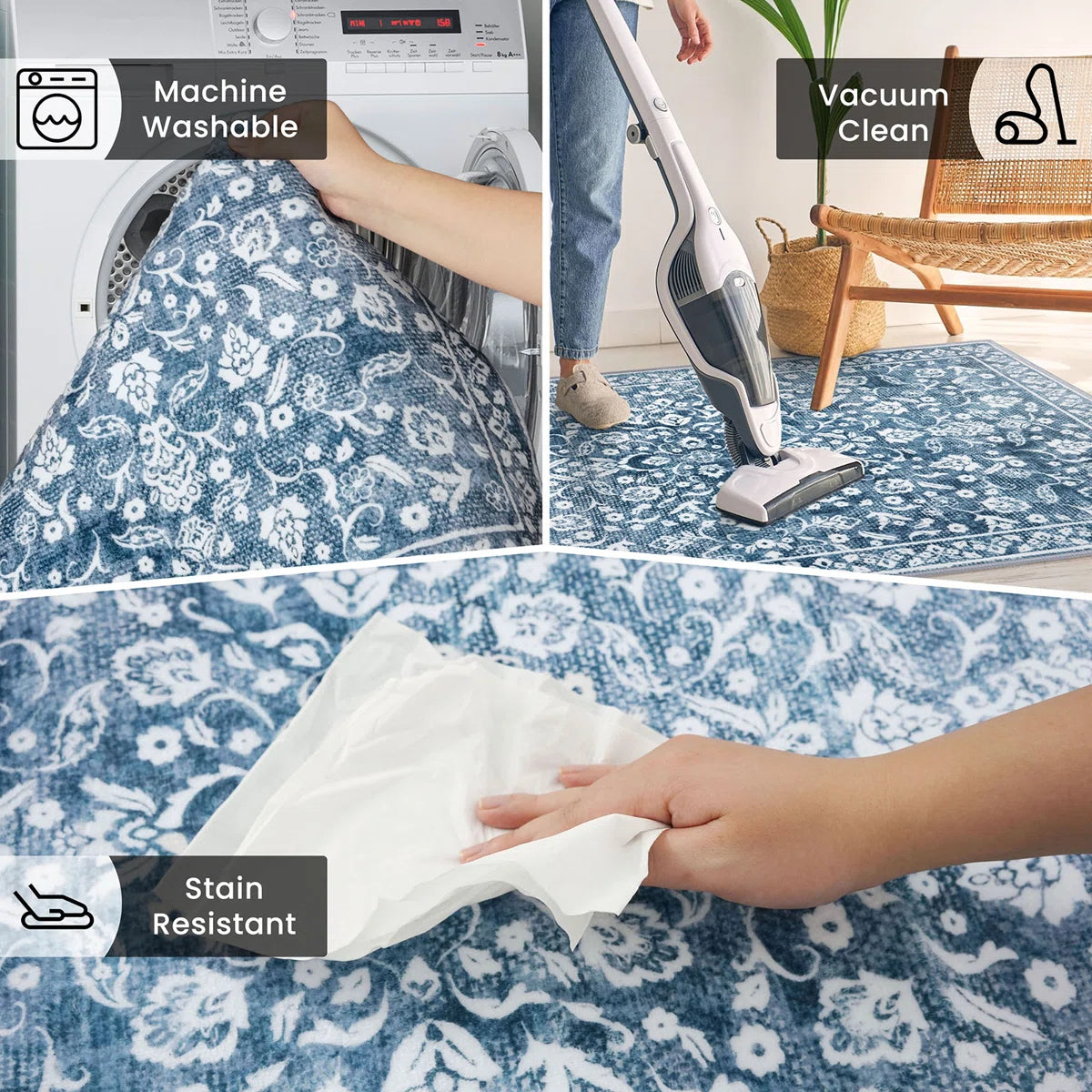 Blue Machine Washable Rugs for Bedroom Non-Slip Low Pile Throw Rugs with Rubber Backing Washable Carpet